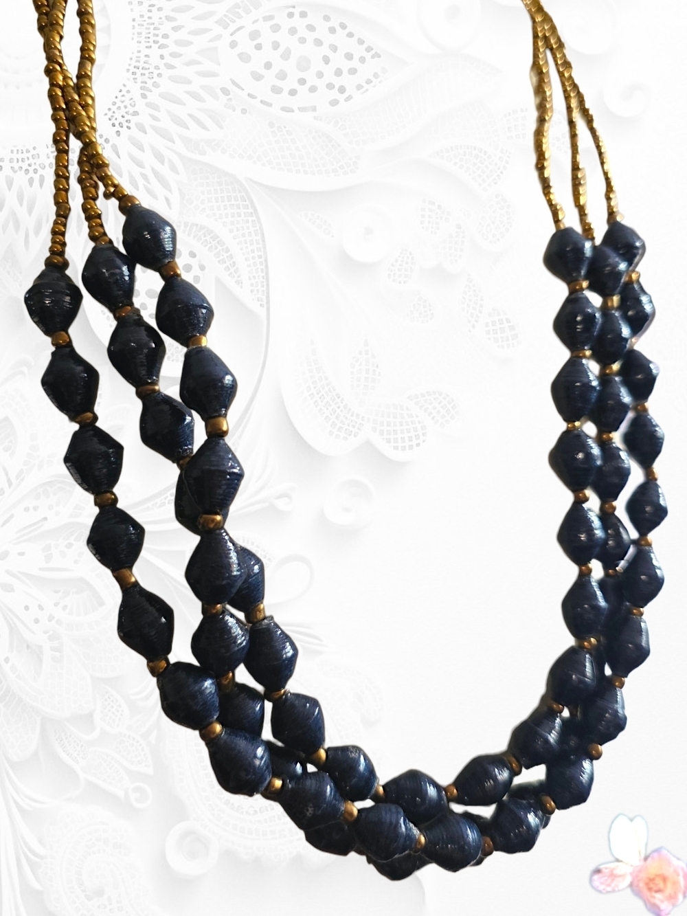 Teng Yue Long Triple Strand Necklace Navy Paper Bead Gold Accent Statement